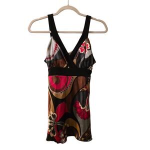 Vtg Y2K Halter Style Babydoll Top Floral Geometric Print  L USA Made Satin Read